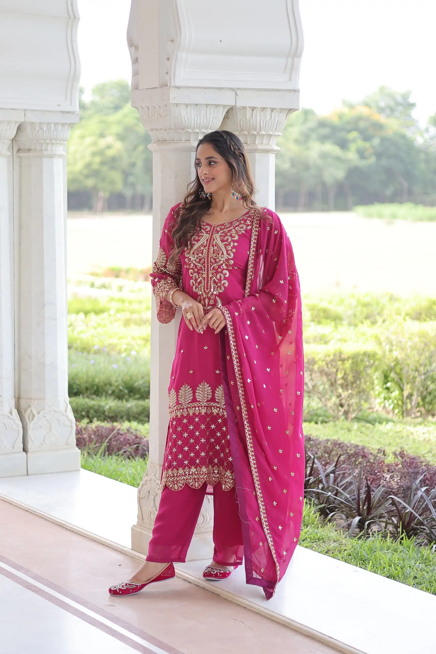 Pink Faux Blooming Embroidered Work Salwar Suit - Image 4