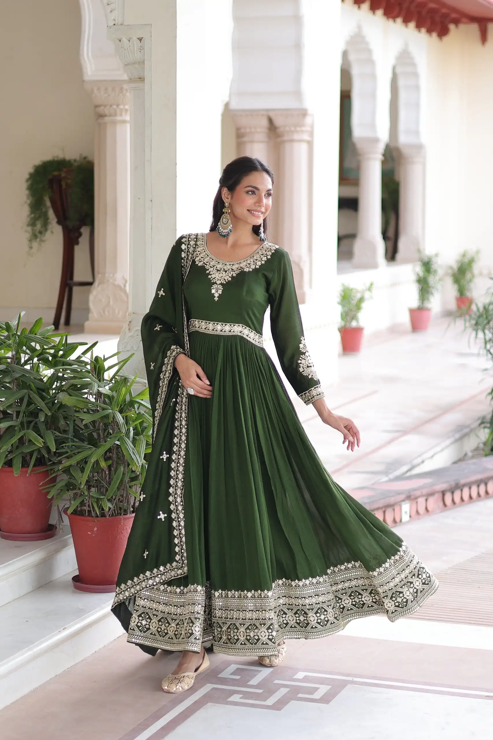 Green Vichitra Silk Embroidery Sequins Work Gown - Image 3