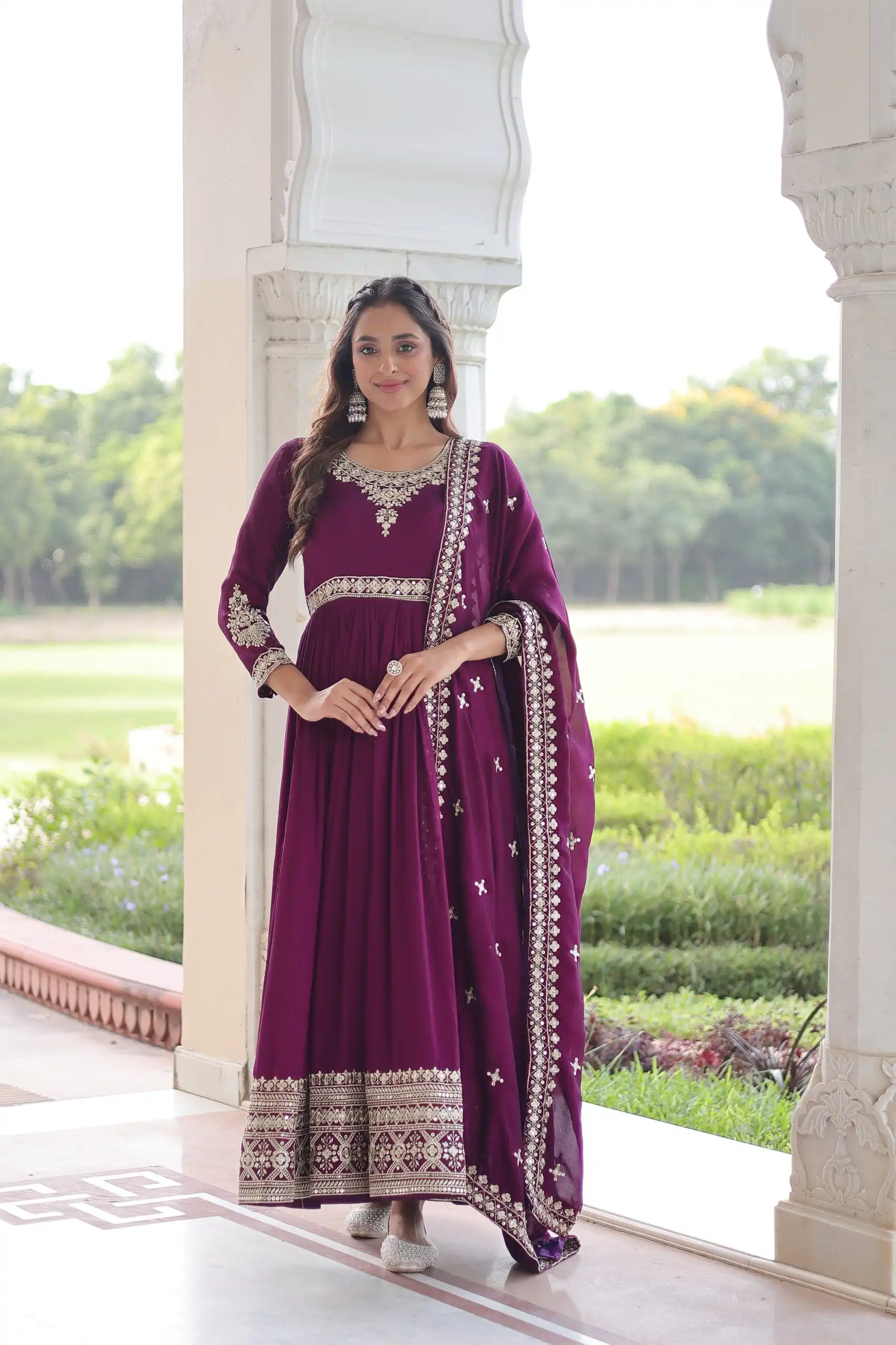 Wine Vichitra Silk Embroidery Sequins Work Gown
