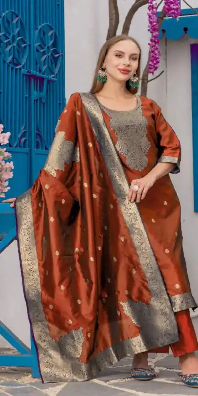 Rust Chanderi Jacquard Zari Work Salwar Suit