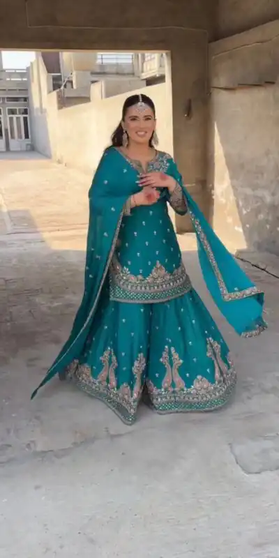 Alternative view of Firozi Chinon Silk Embroidery Work Salwar Suit
