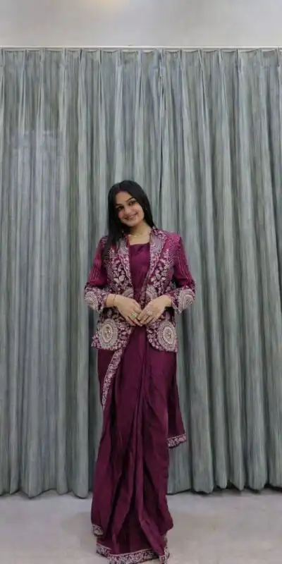 Wine Rangoli Silk Embroidery Work Saree