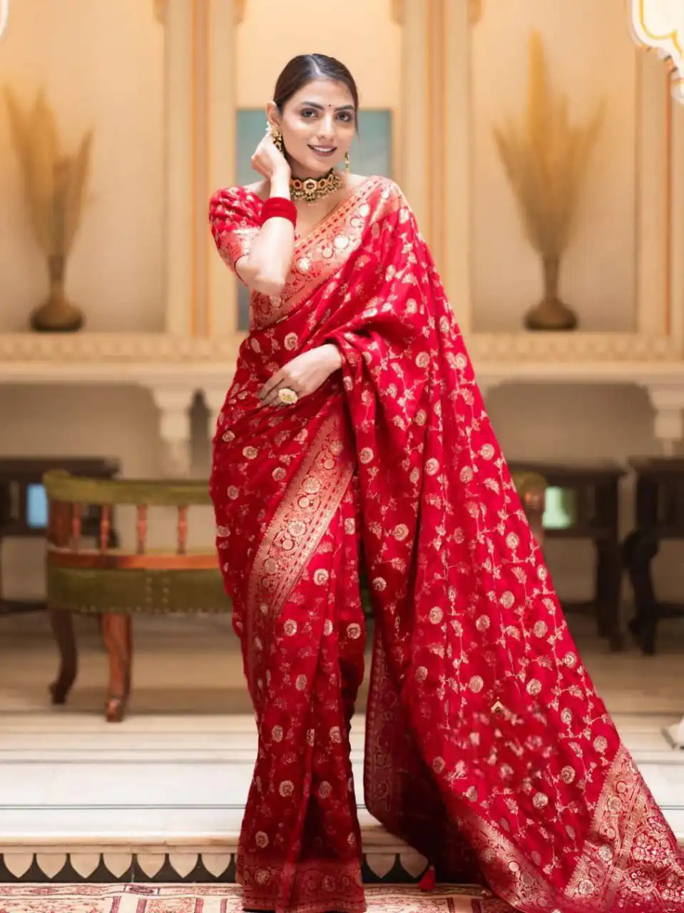 Red Soft Lichi Silk With Jacquard Work Saree