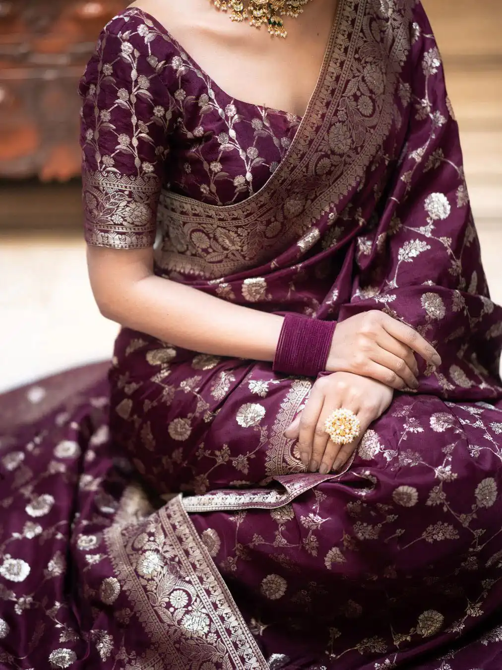 Wine Soft Lichi Silk With Jacquard Work Saree - Image 2
