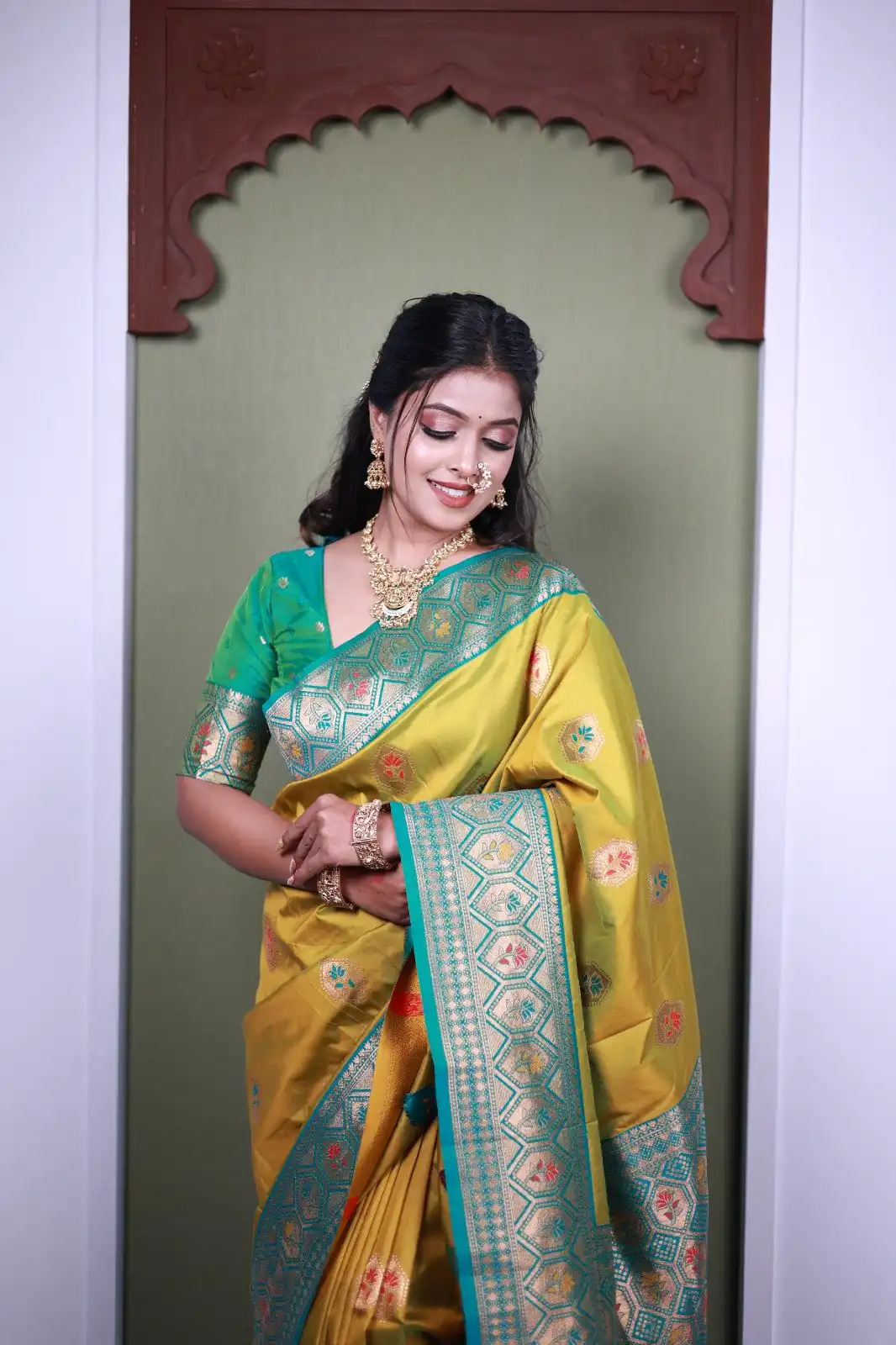 Lime Yellow Soft Paithani Silk Zari Lace Work Saree
