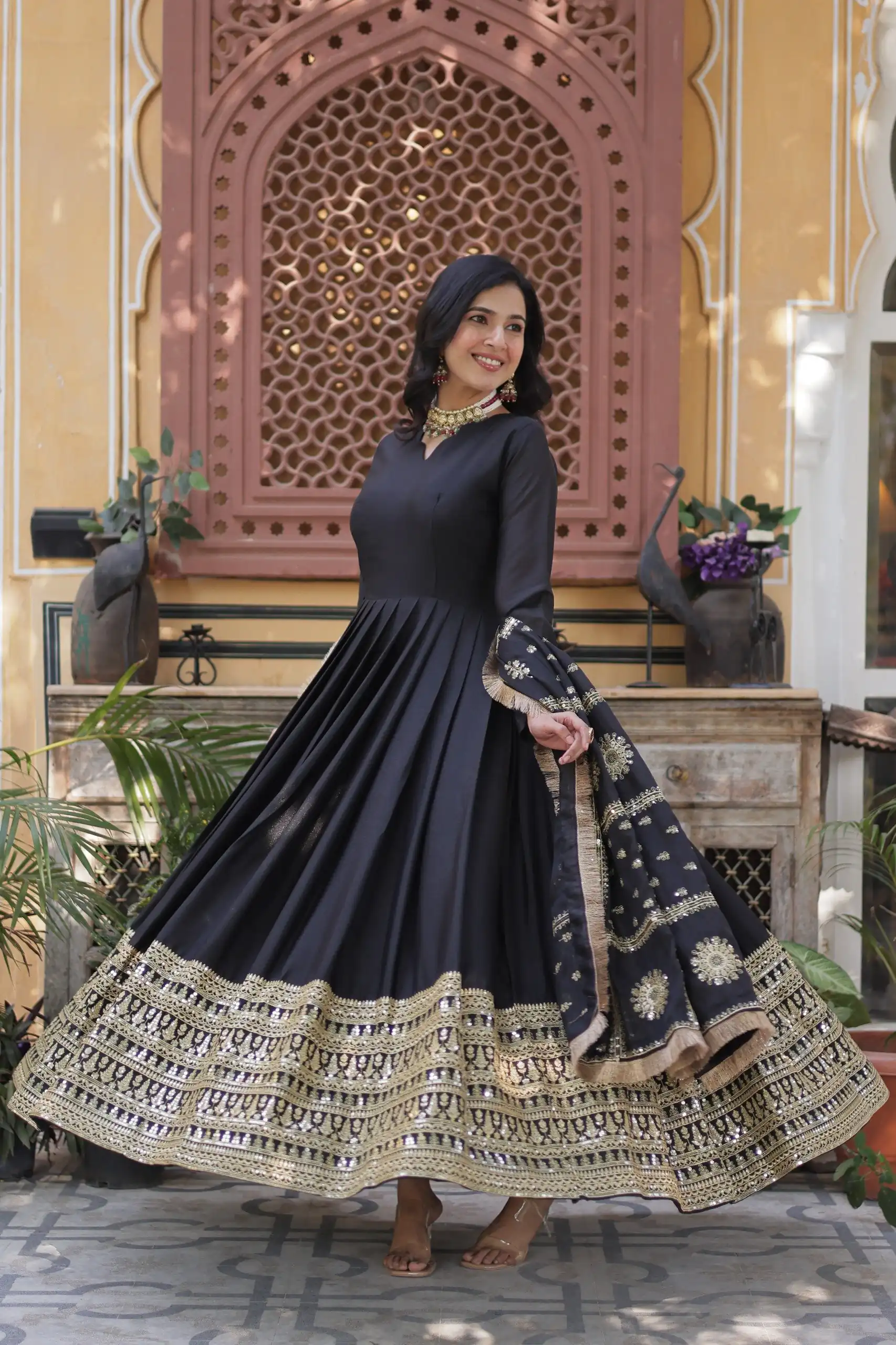 Black Star Georgette Zari Embroidery Work Gown - Image 5