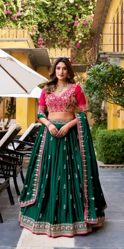 Green Silk Satin Sequins Work Lehenga Choli