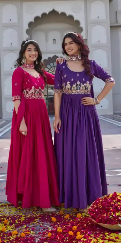 Alternative view of Pink Crap Silk Embroidery Work Gown