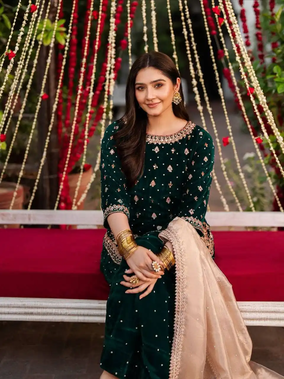 Green Velvet Rivet Moti Hand Work Salwar Suit - Image 3