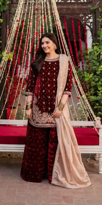 Maroon Velvet Rivet Moti Hand Work Salwar Suit