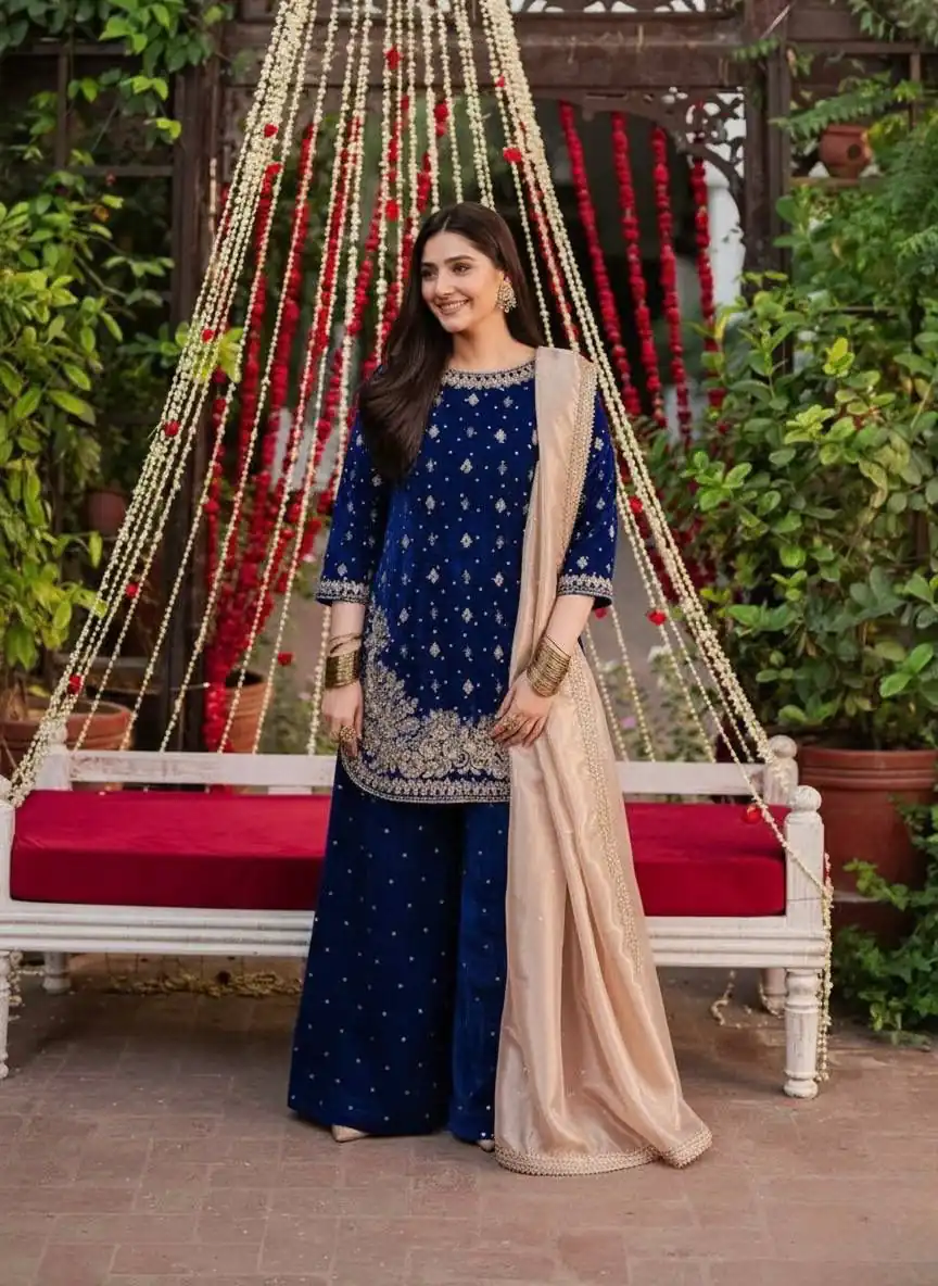 Blue Velvet Rivet Moti Hand Work Salwar Suit