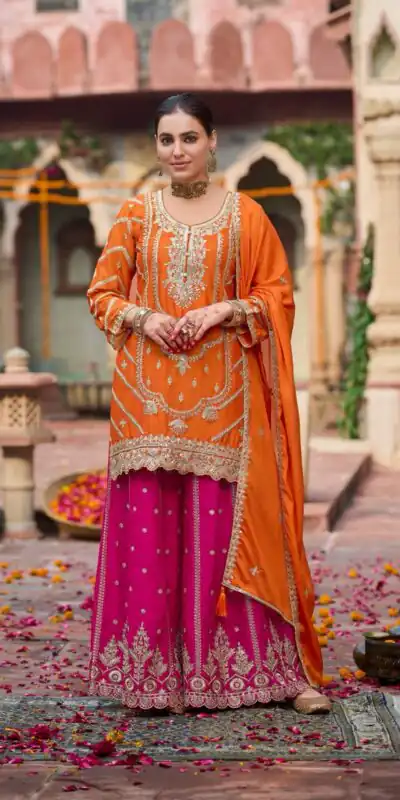 Orange Chinon Silk Lace Work Salwar Suit
