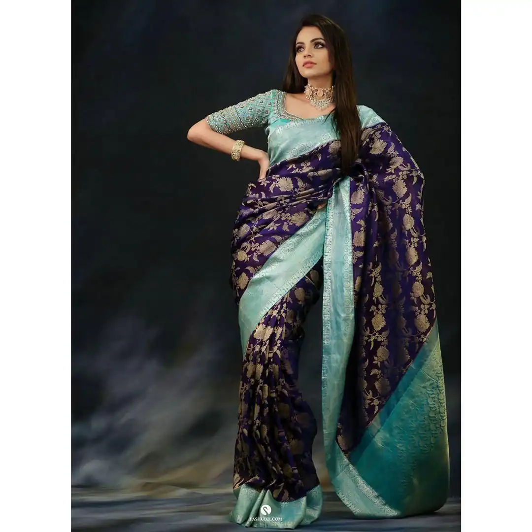 Navy Blue Soft Lichi Silk Border Jacquard Work  Saree - Image 5