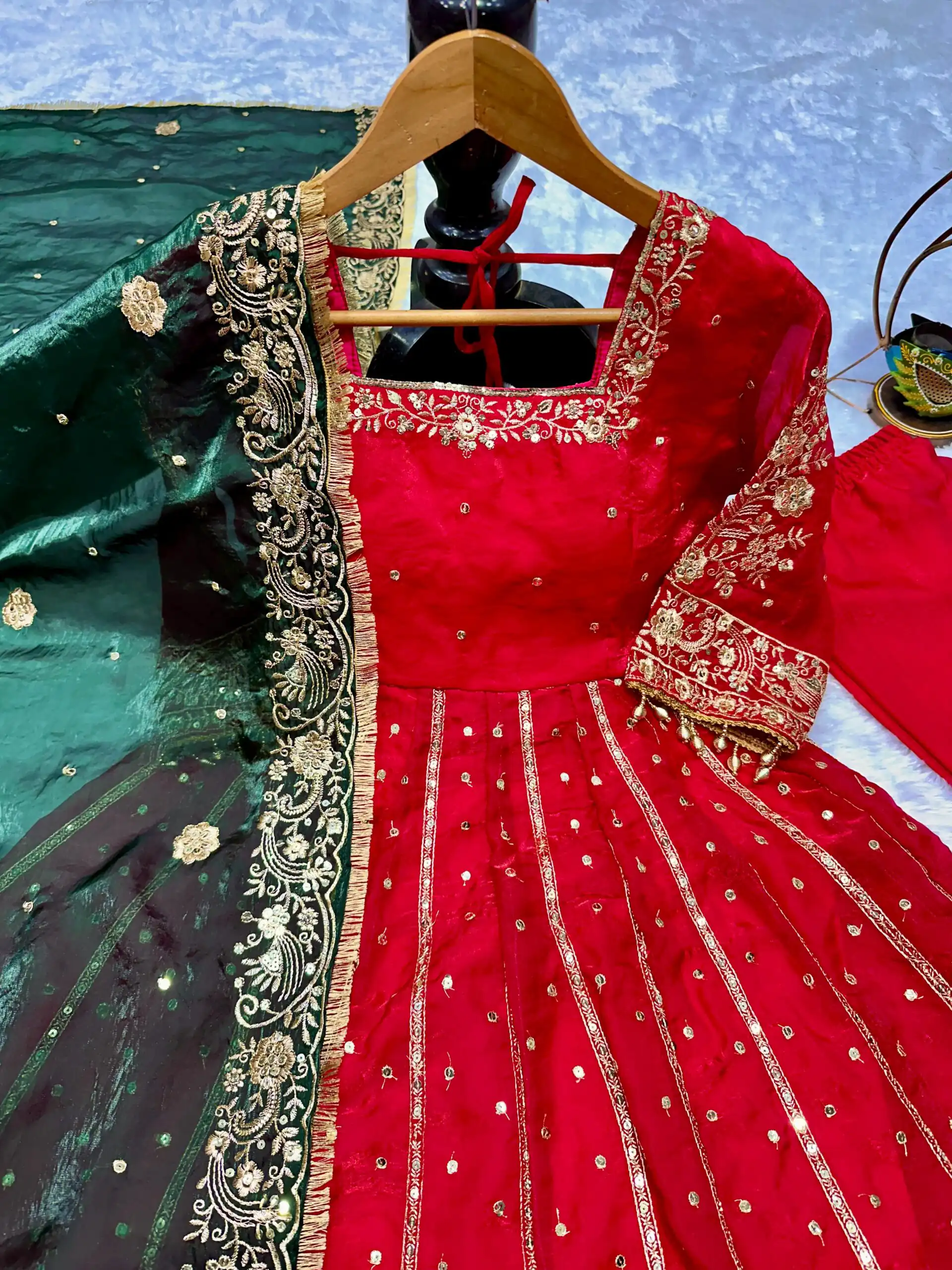 Red JC Silk Embroidery Lace Work Gown