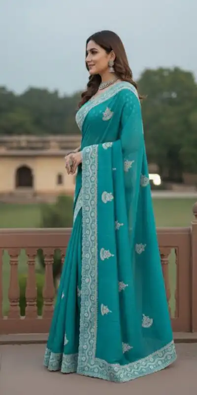 Alternative view of Sky Blue Soft Gold Crush Embroidery Work Saree