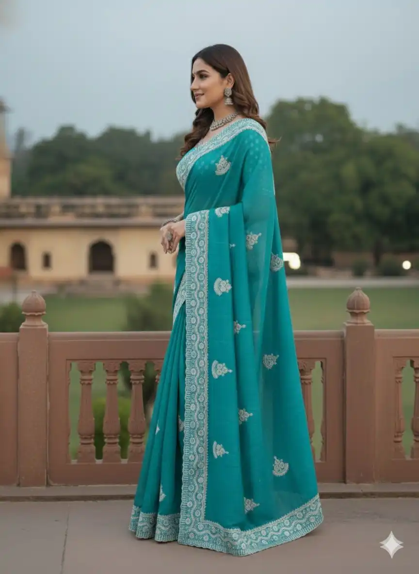 Sky Blue Soft Gold Crush Embroidery Work Saree - Image 2