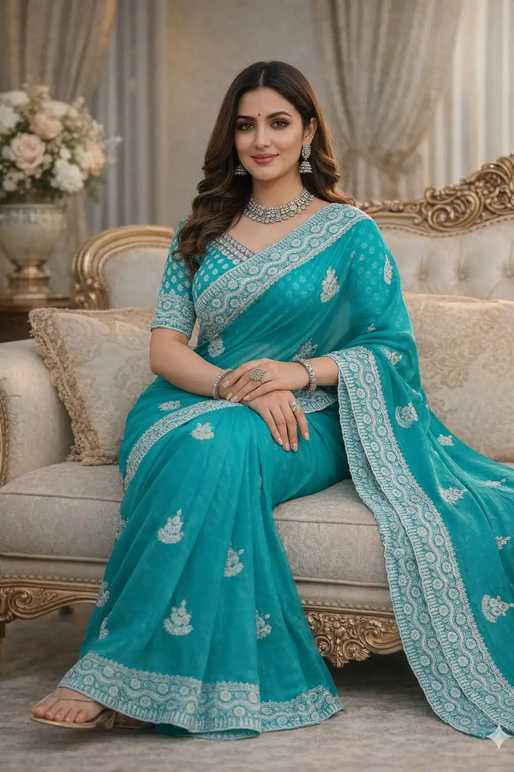 Sky Blue Soft Gold Crush Embroidery Work Saree - Image 3
