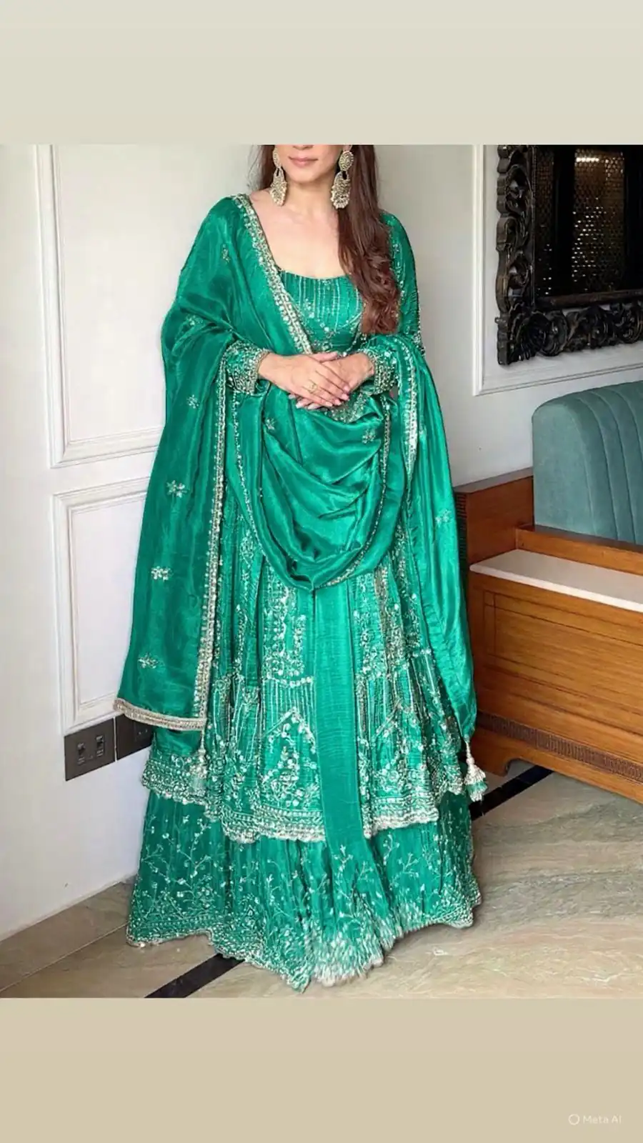 Firozi Crunchy Silk Lace Embroidery Work Gown