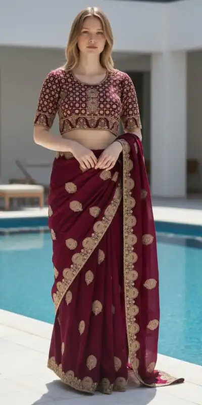 Maroon Fandy Satin Silk Embroidery Zari Work Saree