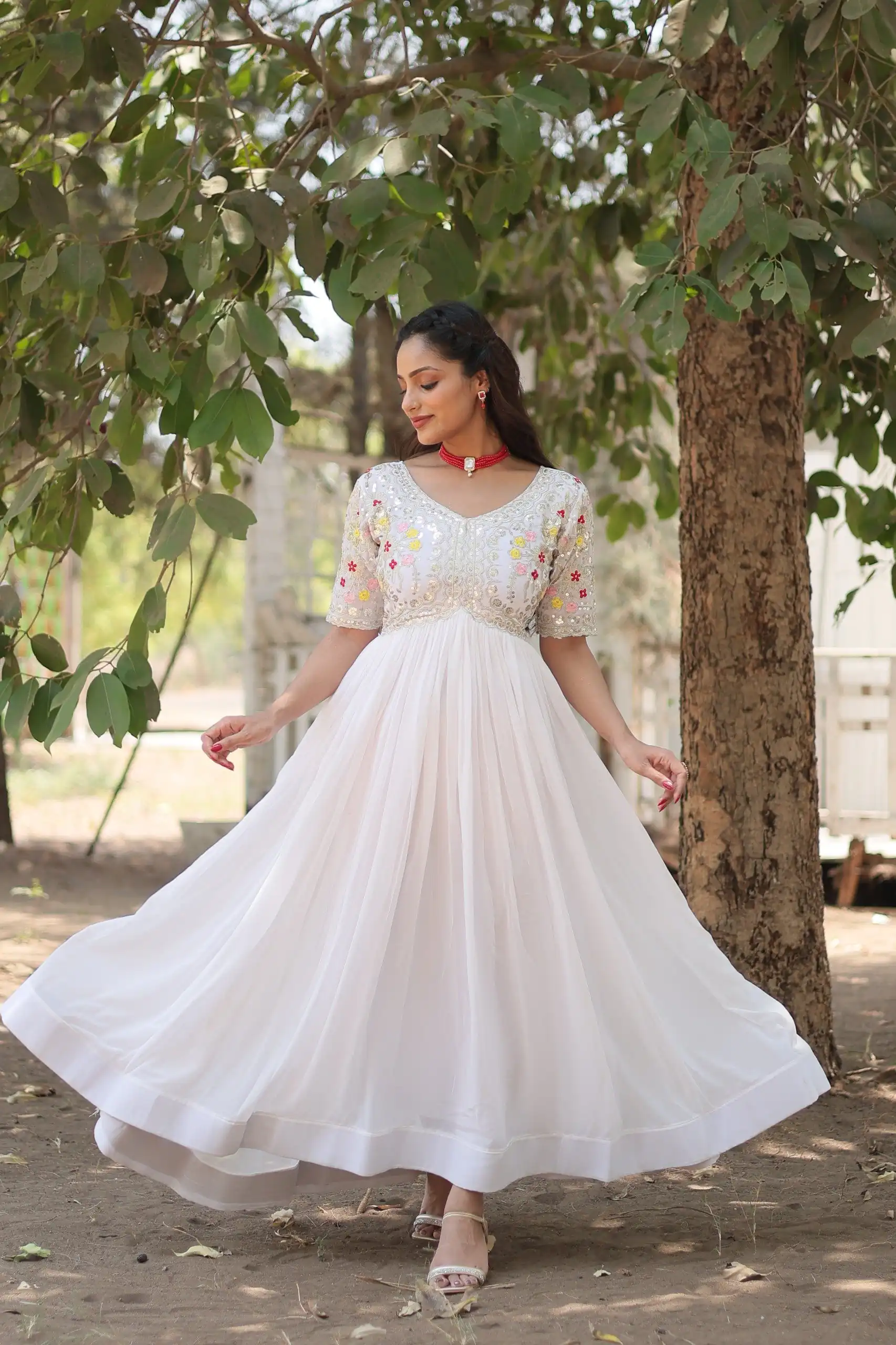 White Faux Blooming Embroidery Zari Work Gown