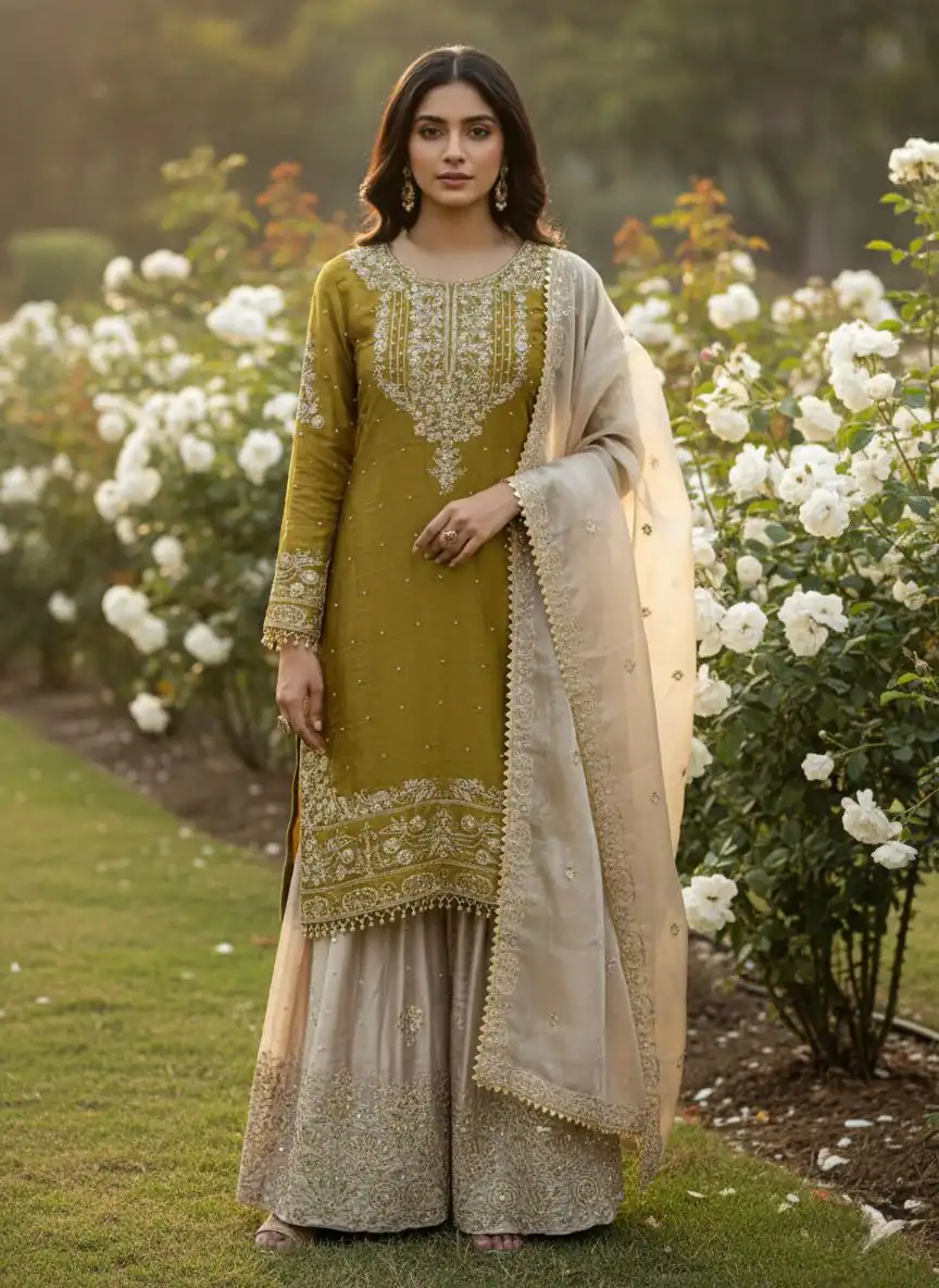 Mustered Organza Silk Embroidery Lace Work Salwar Suit