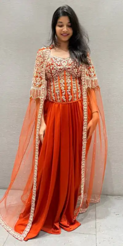 Orange Net Silk Sequins Embroidery Work Dhoti Suit