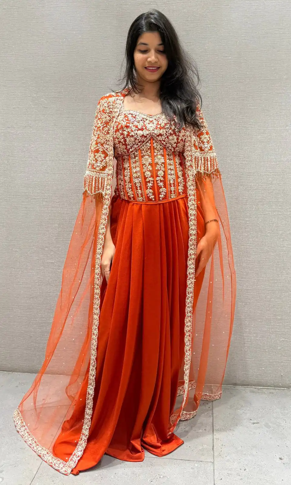 Orange Net Silk Sequins Embroidery Work Dhoti Suit