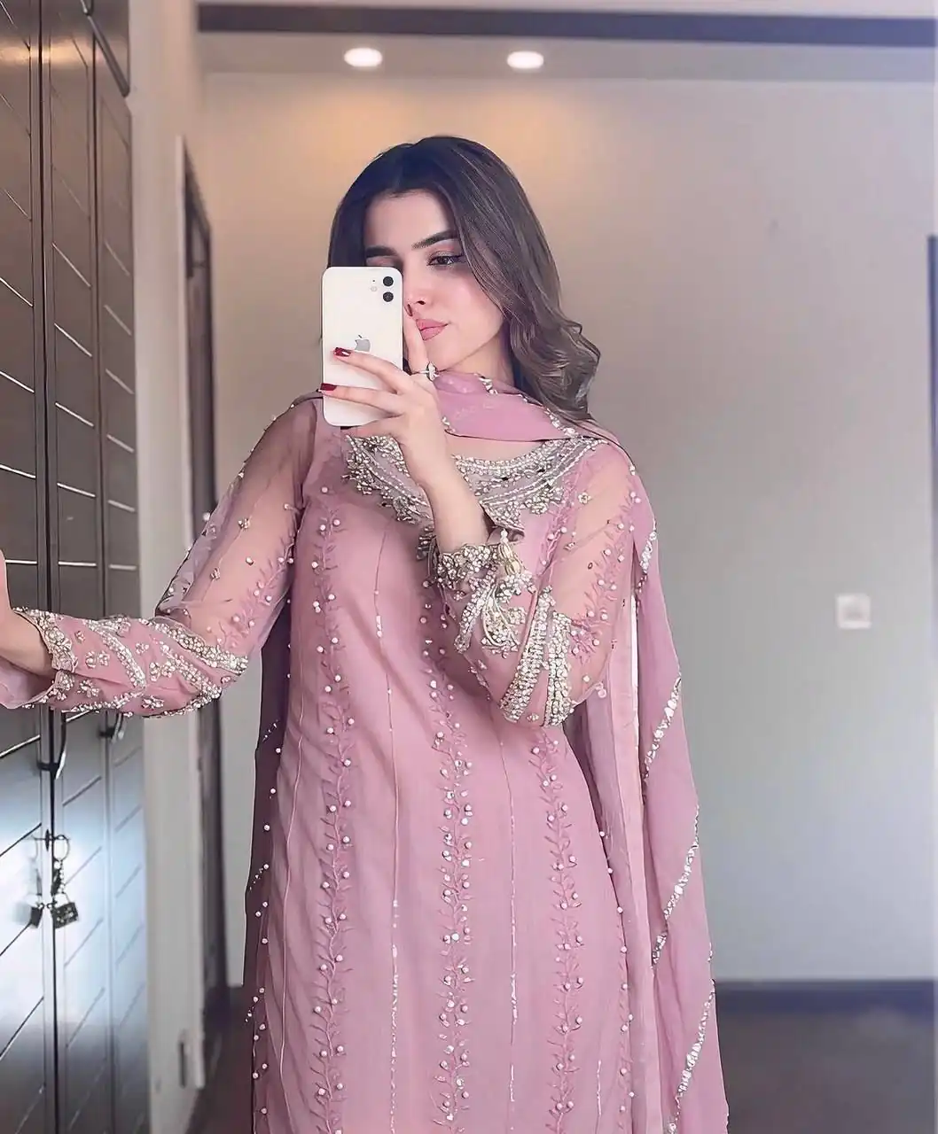 Baby Pink Georgette Bead Work Salwar Suit - Image 3