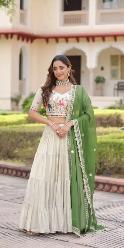 Green Cosmos Silk Embroidery Zari Work Lehenga Choli