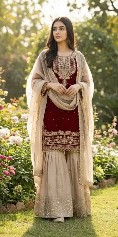 Alternative view of Maroon Organza Silk Embroidery Lace Work Salwar Suit