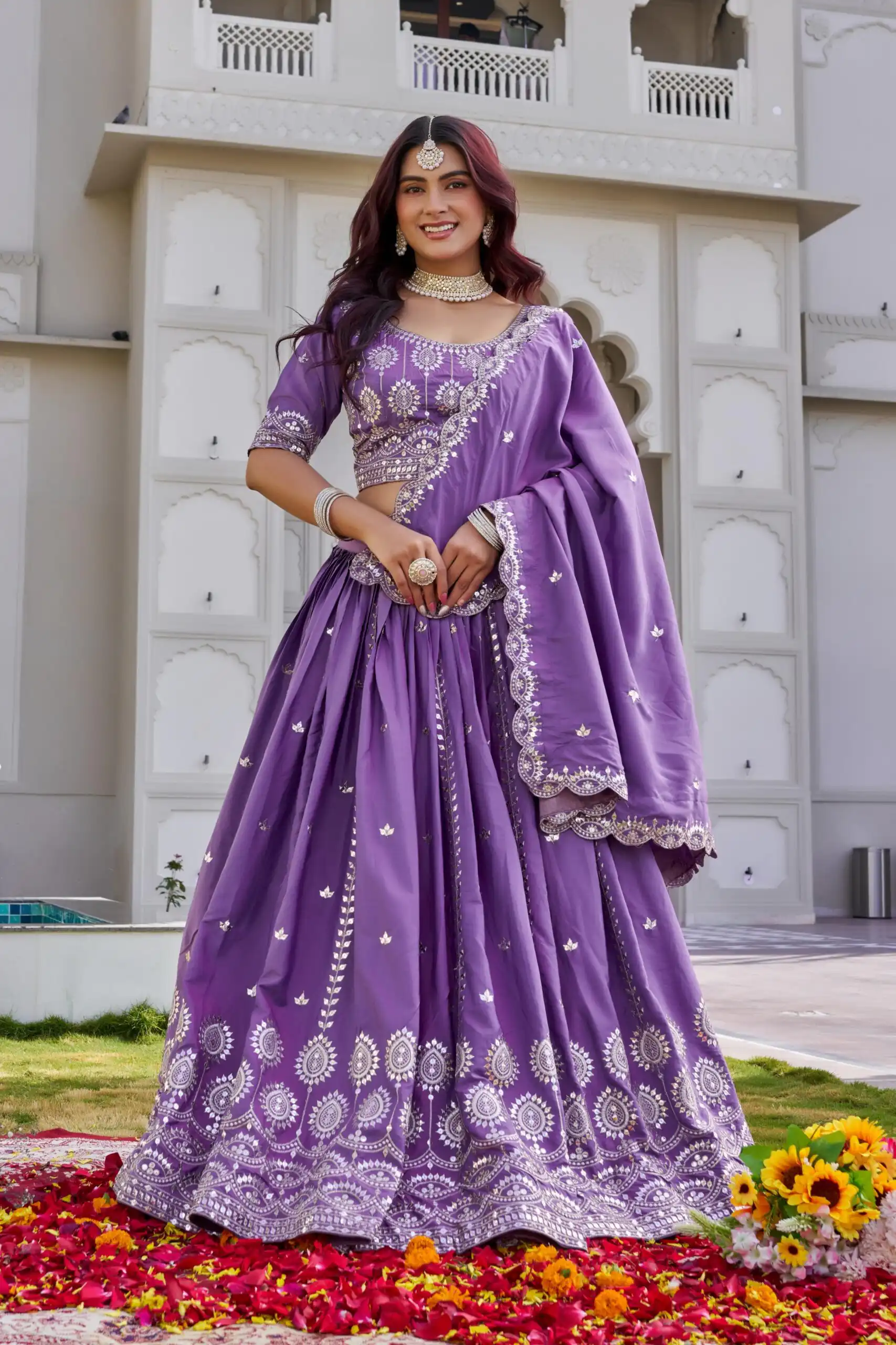 Lavender Crap Silk Embroidery Work Lehenga Choli - Image 5