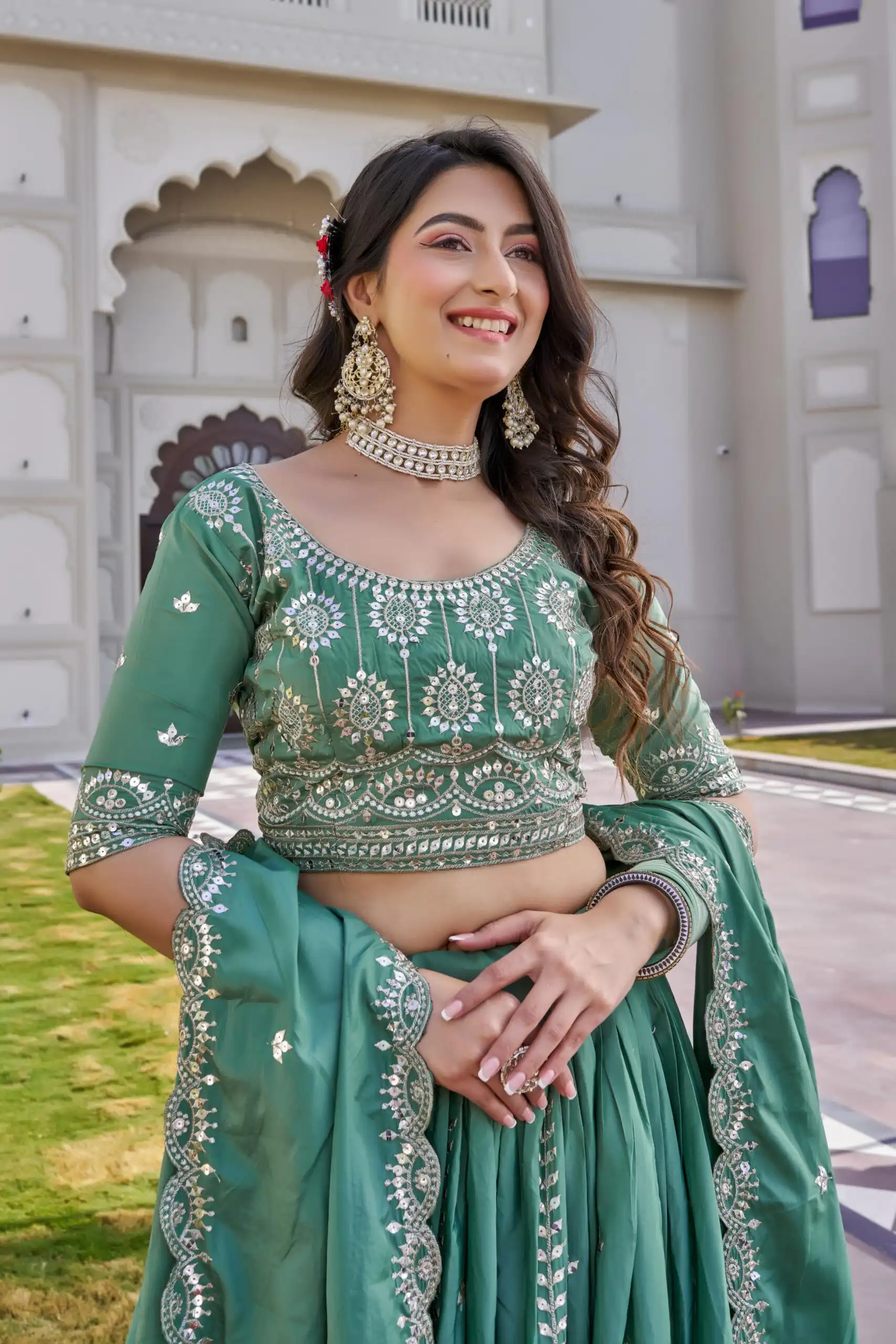 Pista Crap Silk Embroidery Work Lehenga Choli - Image 5