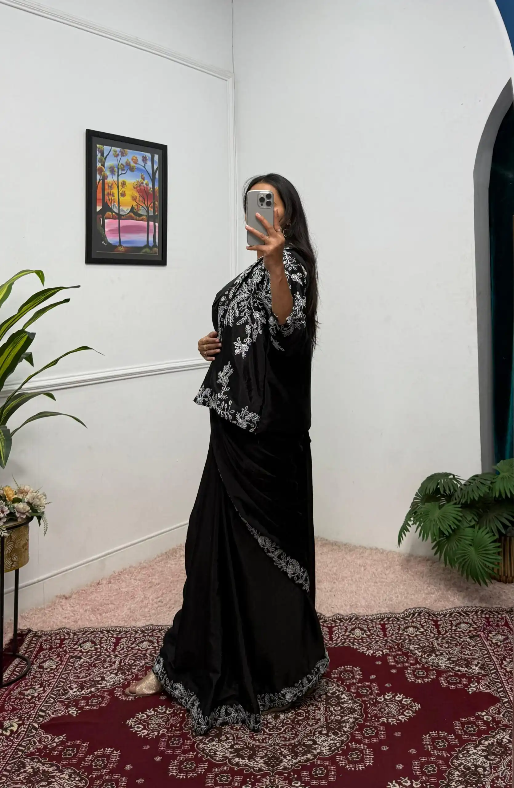 Black Chinon Embroidery Lace Work Saree - Image 3