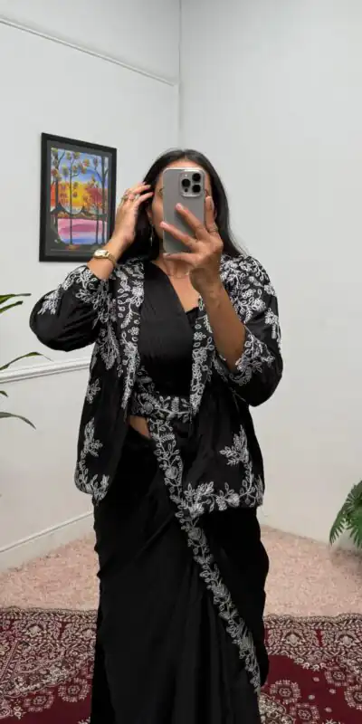 Alternative view of Black Chinon Embroidery Lace Work Saree