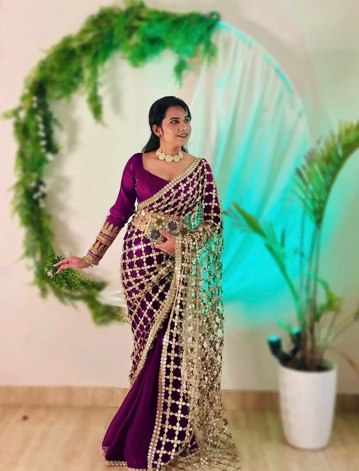 Wine Fendy Silk Lace Mirror Work Saree - Image 3