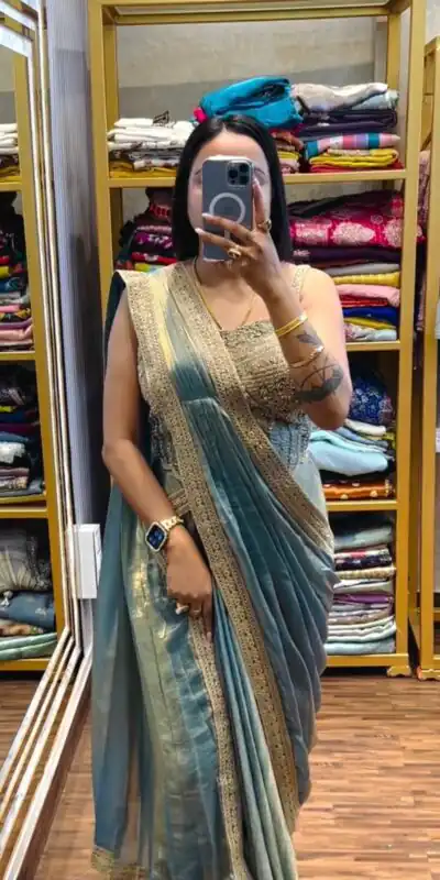 Alternative view of Blue Fandy Satin Lace Embroidery Work Saree