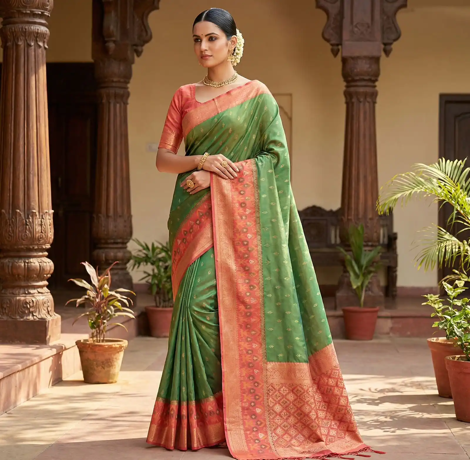 Green Pochampalli Silk Zari Work Saree