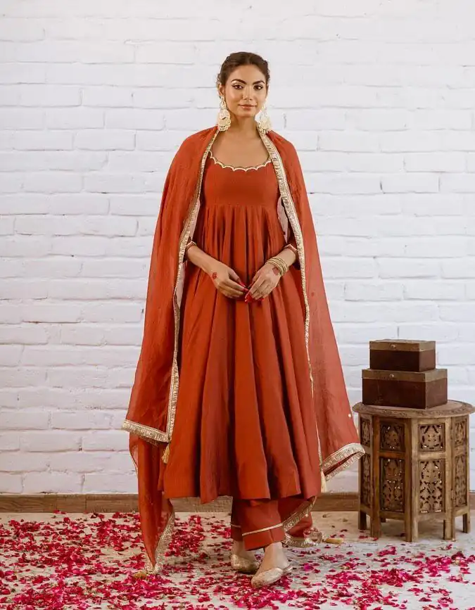 Rust Vichitra Silk Bead Lace Work Gown - Image 5