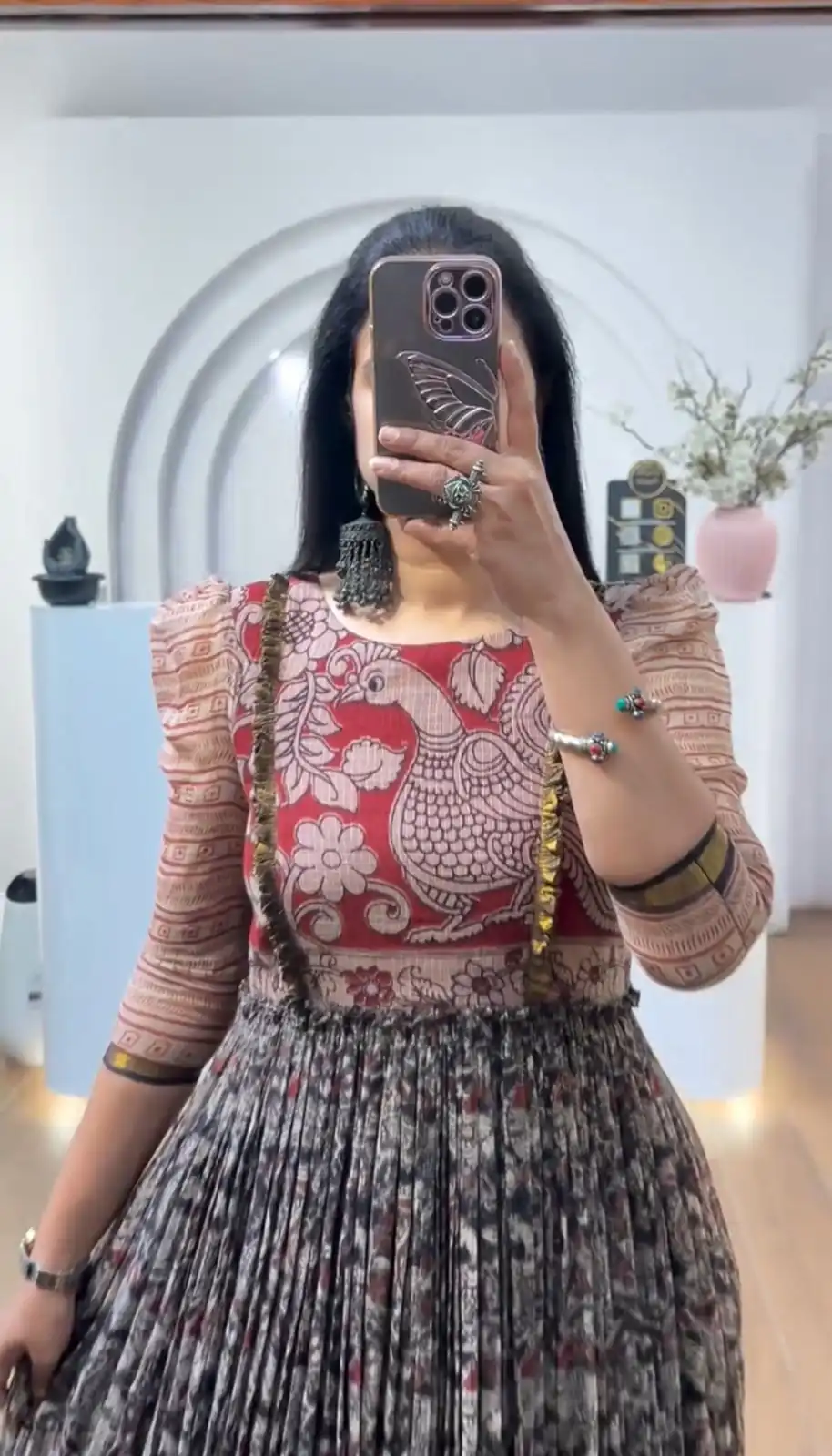 Black Cota Checks Kalamkari Print Gown - Image 2