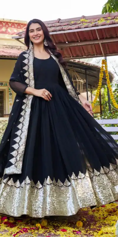 Ram 157 Black Fox Georgette Gown Perfect for Wedding, Party, Ethnic Day, Pongal, Durga Puja – . Affordable Price ₹2149. Delivery 4-6 Working Days. | Gowns, Bollywood Gowns, Creative Gowns, Designer Gowns, Embroidered Gowns, Party Wear Gowns