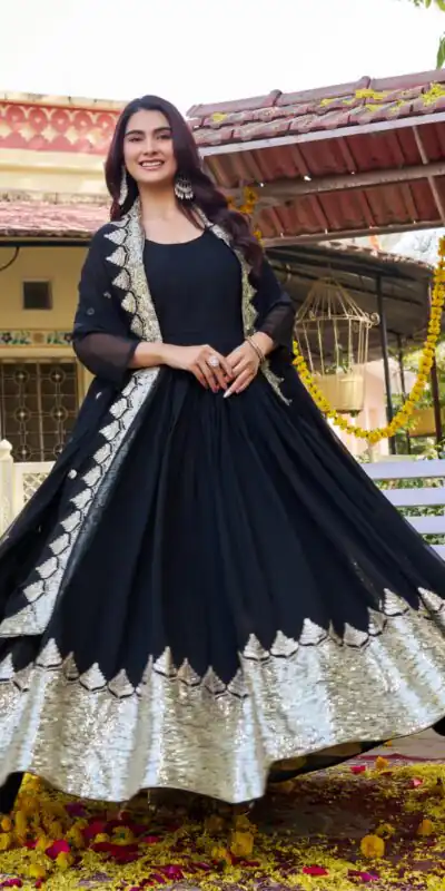 Ram 157 Black Fox Georgette Gown Perfect for Wedding, Party, Ethnic Day, Pongal, Durga Puja β . Affordable Price βΉ2149. Delivery 4-6 Working Days. | Gowns, Bollywood Gowns, Creative Gowns, Designer Gowns, Embroidered Gowns, Party Wear Gowns