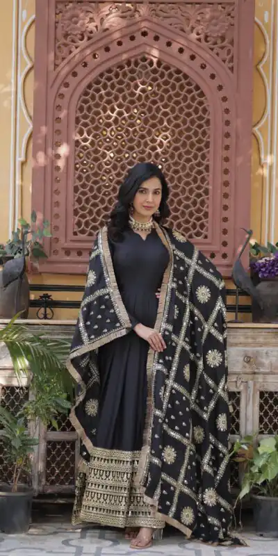 KA 1139 Black Star Georgette Gown Perfect for Wedding, Party, Onam, Mehendi, Traditional Day β . Affordable Price βΉ3149. Delivery 4-6 Working Days. | Gowns, Bollywood Gowns, Creative Gowns, Designer Gowns, Embroidered Gowns, Party Wear Gowns