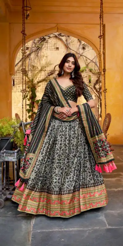 LNB 1201 Black Tasar Silk Lehenga Choli Perfect for Wedding, Party, Traditional Day, Sangeet, Housewarming β . Introductory Price βΉ2499. Delivery 4- | Lehenga, Bollywood Lehenga, Creative Lehenga, Designer Lehenga, Embroidered Lehenga, Party Wear Lehenga