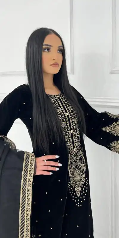 AD 222 Black Viscose Velvet Salwar Suit with Embroidery Work & Lace Work. Best Price ₹2099. Delivery 4-6 Working Days. Shop now. | Jump Suits, Salwar suit, Casual Suits, Creative suits, Designer Suits, Palazzo Suits, Party Wear Suits, Patiala Suits, Straight Suits