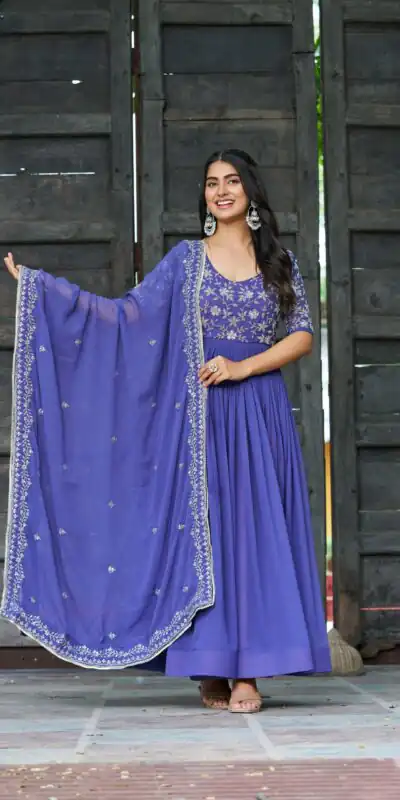 KA 1204 Blue Faux Blooming Gown with Sequins Work & Embroidery Work. Festive Deal ₹2449. Delivery 4-6 Working Days. Shop now. | Gowns, Bollywood Gowns, Creative Gowns, Designer Gowns, Embroidered Gowns, Party Wear Gowns
