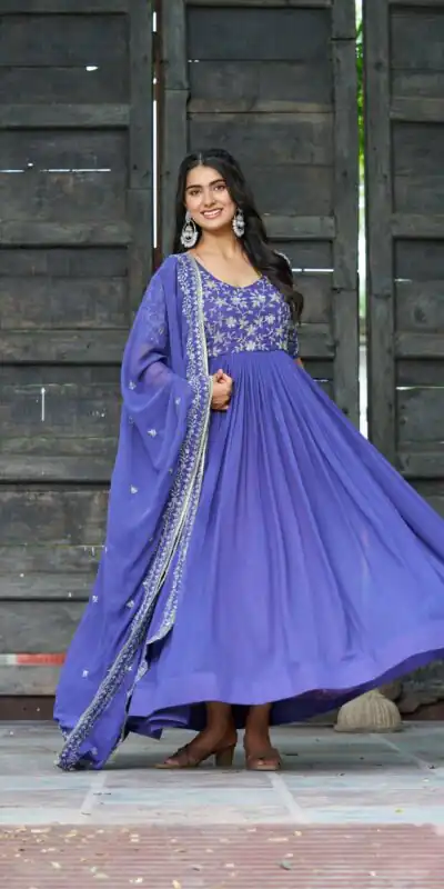 KA 1204 Blue Faux Blooming Gown with Sequins Work & Embroidery Work. Festive Deal βΉ2449. Delivery 4-6 Working Days. Shop now. | Gowns, Bollywood Gowns, Creative Gowns, Designer Gowns, Embroidered Gowns, Party Wear Gowns