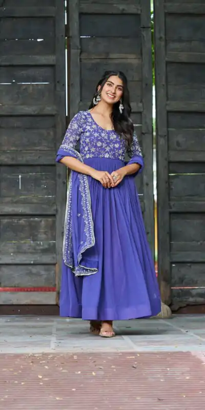 KA 1204 Blue Faux Blooming Gown with Sequins Work & Embroidery Work. Festive Deal ₹2449. Delivery 4-6 Working Days. Shop now. | Gowns, Bollywood Gowns, Creative Gowns, Designer Gowns, Embroidered Gowns, Party Wear Gowns