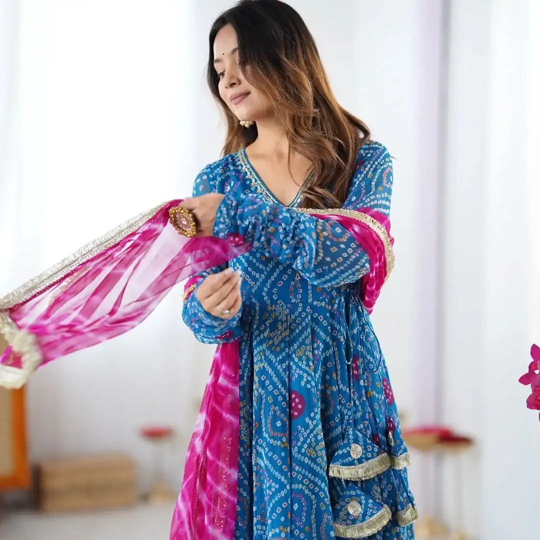 ST 1116 Blue Faux Georgette Gown with Digital Print & Embroidery Work. Exclusive Offer ₹1999. Delivery 4-6 Working Days. Shop now. | Gowns, Bollywood Gowns, Creative Gowns, Designer Gowns, Embroidered Gowns, Party Wear Gowns