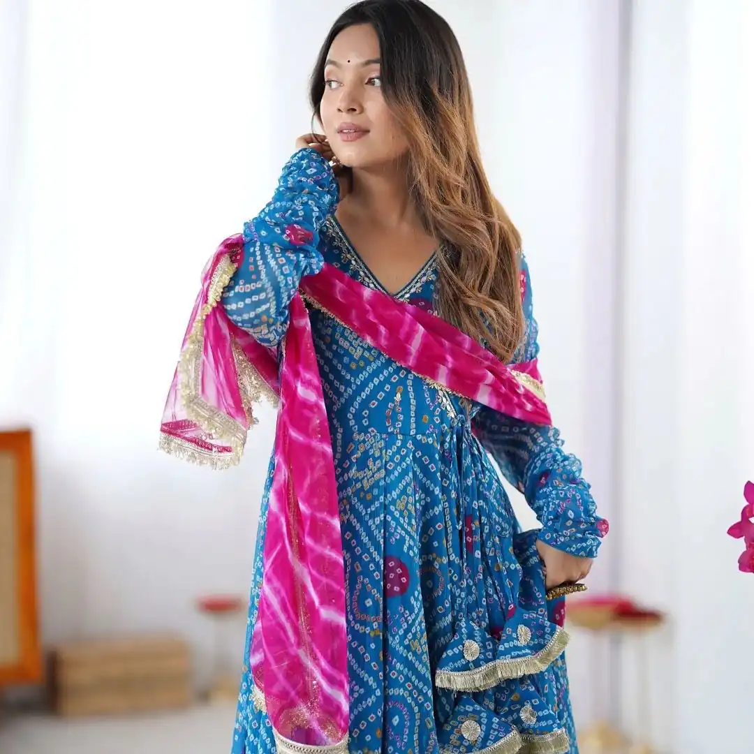 ST 1116 Blue Faux Georgette Gown with Digital Print & Embroidery Work. Exclusive Offer ₹1999. Delivery 4-6 Working Days. Shop now. | Gowns, Bollywood Gowns, Creative Gowns, Designer Gowns, Embroidered Gowns, Party Wear Gowns