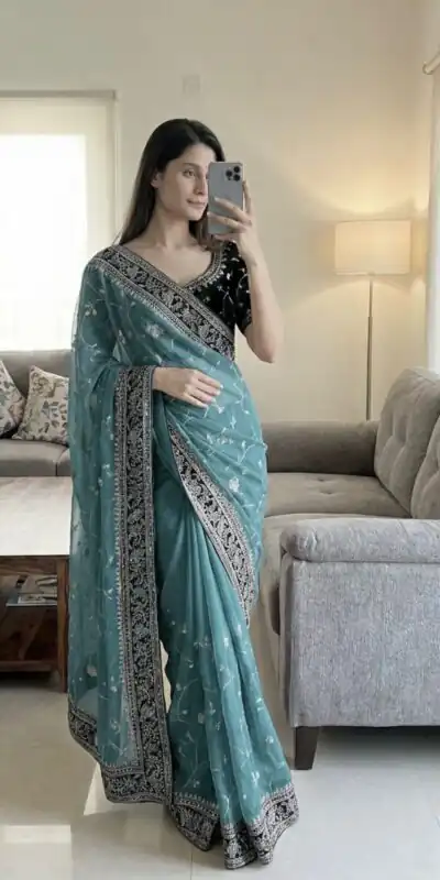 NC 5534 Blue Moss Silk Saree Perfect for Wedding, Party, Ganesh Chaturthi, Karwa Chauth, Haldi – . Introductory Price ₹2049. Delivery 4-6 Working Days. | Sarees, Bollywood Sarees, Creative Sarees, Designer Sarees, Embroidered Sarees, Ethnic Saree, Modern Digital sarees, Party Wear Sarees